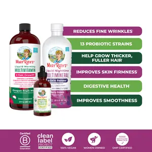 MaryRuth's Hair Growth, Skin Renew & Digestion Bundle - Morning Multi + Hair Growth - Nighttime Multimineral + Skin Renew - Probiotic 4oz