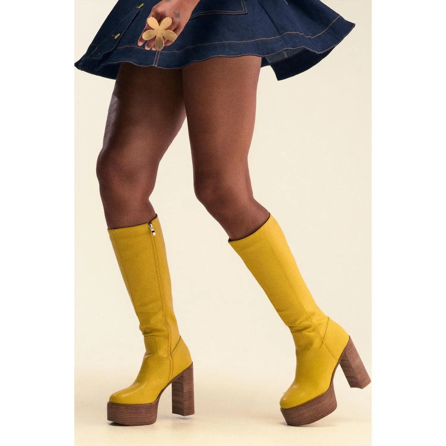 AZALEA WANG LANDRY YELLOW PU WOOD STACK PLATFORM BOOT