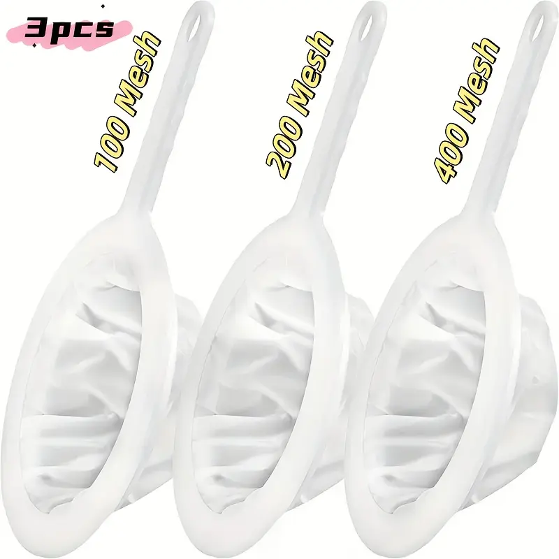 Set of 3 Ultra-fine Button Mesh Filters with Plastic Handles, Available in 100, 200, and 400 Mesh Sizes, Suitable for Filtering Soy Milk, Coffee, Yogurt, Juice. These durable kitchen sieve filters, Kitchenware