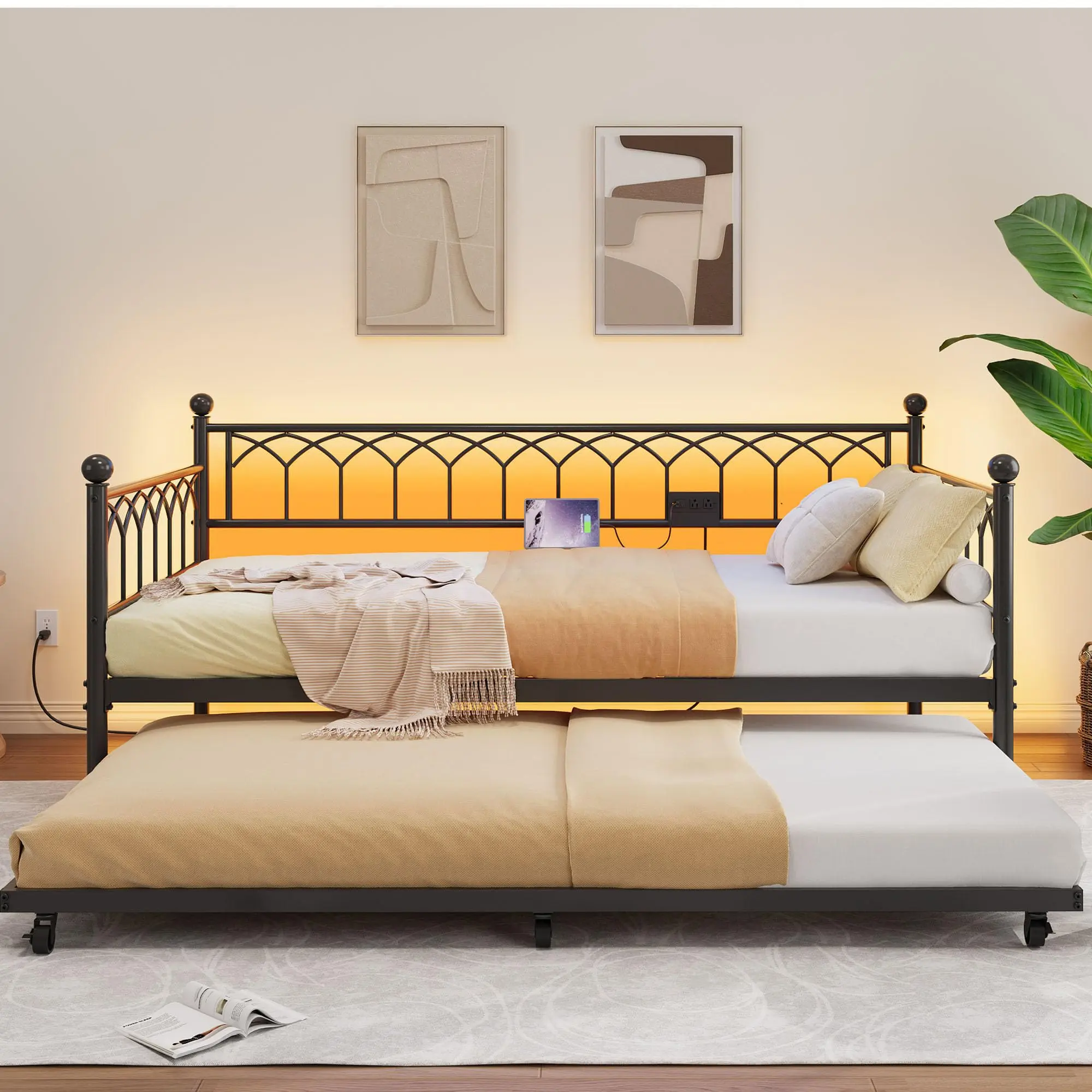 GARVEE Twin Daybed with Pull-Out Trundle - Modern Upholstered 2-in-1 Convertible Single Sofa Bed, USB Charger Station, RGB LED Lights, 75.9 in Space-Saving Metal Frame, for Small Spaces, Living Rooms (Assembly Required), PU Upholstery