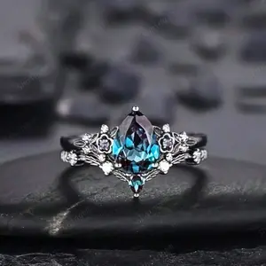 2pcs Black Pear Shape Engagement Rings for Women, Gothic Style, Wedding Rings, Valentine's Day Jewelry Gift