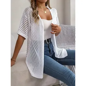 Plus Size Solid Hollow-Out Open-Front Cardigan, Casual Short-Sleeve Knitwear for Summer, Women’s Plus-Size Clothing for Everyday Wear, Tops