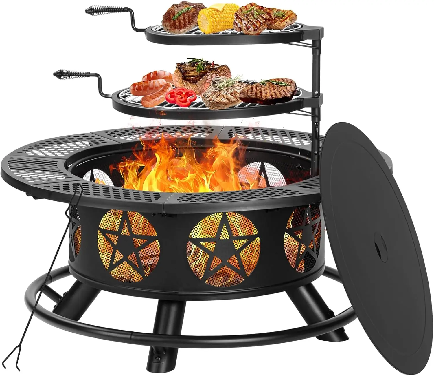 Outvue 36/42 Inch Heavy-Duty Metal Fire Pit Set - Wood Burning, 2 Open Flame Grills, Lid & Poker, Outdoor Safe Table for BBQ, Patio Gatherings, Outdoor Stuff for Adults, Party