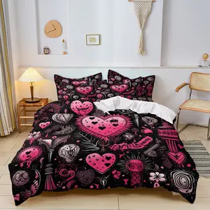 3pc Pink Valentine's Day Gothic Bedding Set, Black Heart Duvet Cover Set, includes 1 duvet cover and 2 pillowcases, suitable for single and double beds, perfect for bedrooms, college dorms, and hotel apartments, a great gift for friends