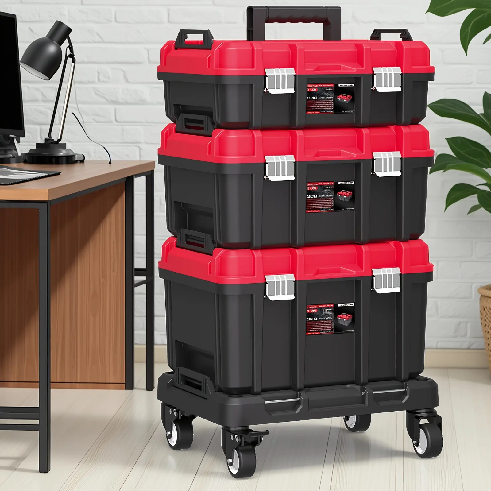 3-Tier Lockable Rolling Tool Box with Wheels | Heavy-Duty Stackable Portable Toolbox Suitable for Home Repairs & Professional Work, Large Toolbox with Tool Organizer System, Lockable Compartments & Slip Handle, Contemporary Style, Floor Mount