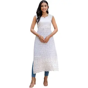 Pure Cotton Sleeveless Lucknowi Chikankari Kurtis For Women Indian Style Casual Long White Straight Kurti