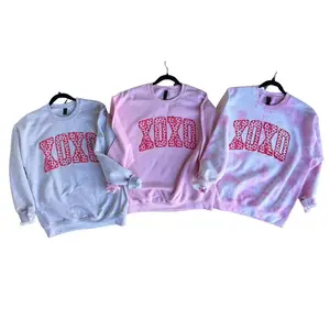 XOXO Puff Design Valentines Crewneck - Sweatshirt with Red XOXO puff screen Print for Casual Wear