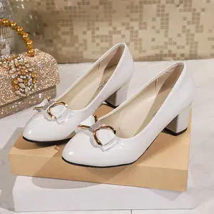 Black patent leather bow metal buckle thick single order shoes