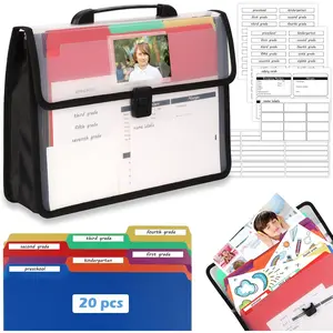 Organizer Kit Clear Plastic Storage Tote with 20 Letter Size Colored Manila Folders 60 Reusable Sticker Labels School Memory Keepsake Box for Pre K to 12th Grade DIY Organization Black