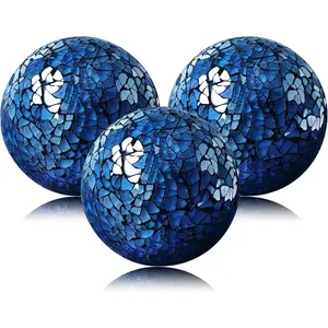 3 Pack 3.35 Inch Blue Mosaic Crack Glass Decorative Orbs Solid Sphere Balls Bowl Vase Fillers for Holiday Living Room Mantle Basket Centerpiece Decor