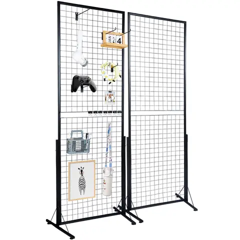 VEVOR 2'x5.6' Hangable Grid Wall Panel Tower Set, 2-Pack Floorstanding Wire Gridwall Display Racks with T-Base, Double-Side Panels for Art Craft Shows, Retail Decor & Photo Display, Easy Installation with Extra Clips & Hooks,toolupgrade