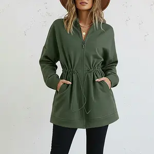 ChicMe Long Sleeve Waist Drawstring Hooded Coat Casual Loose Fit Cardigan Jacket with Pockets