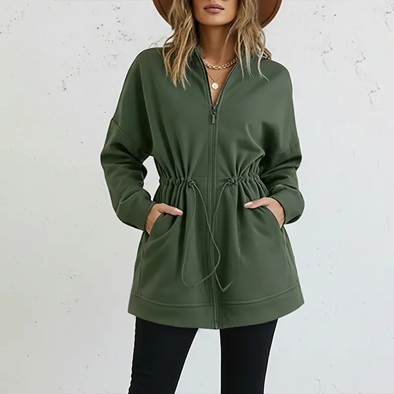 CHICME Long Sleeve Waist Drawstring Hooded Coat Casual Loose Fit Cardigan Jacket with Pockets