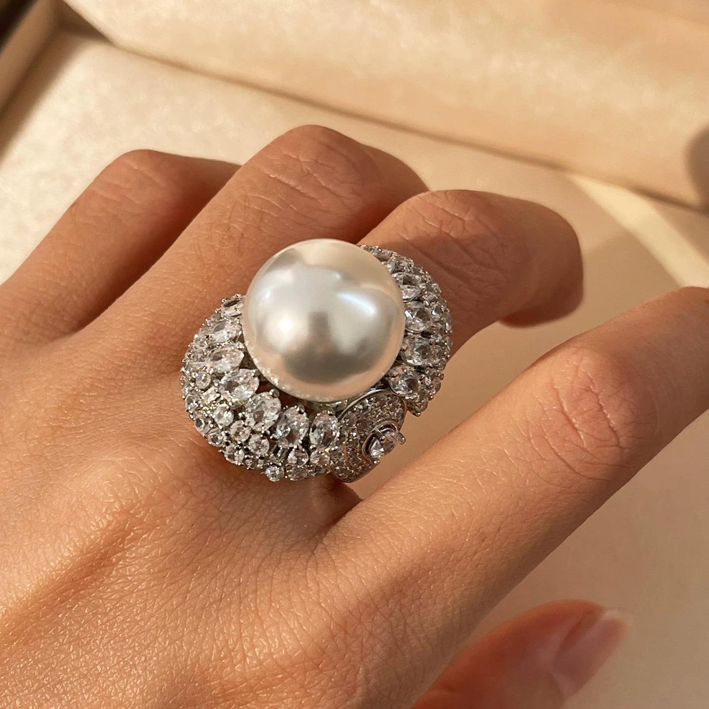 Luxury 16mm Large Pearl Ring with Sparkling Diamonds Elegant Socialite Jewelry Gift for Women shell pearl