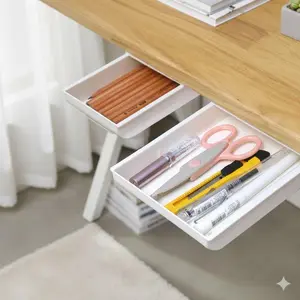 Self-Adhesive Under Desk Organizer, Desk Tidy, Detachable Drawer Marker Pen Holder & Makeup Storage Box, Multi-Size Hidden Desktop Tray for Office Home Organization