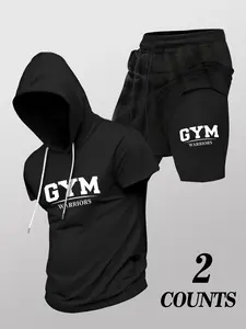 Men's Two-Piece Gym Workout Set, Hooded Short Sleeve Tee & Layering Shorts, Ideal for Training, Fitness, Running, Streetwear, Fitness Training Clothes, Activewear Clothing