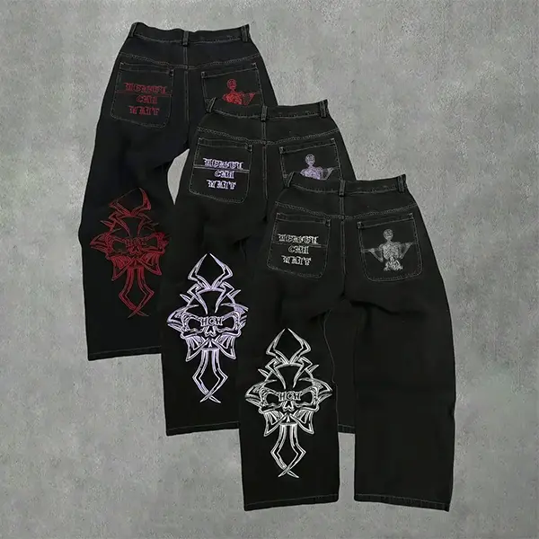 Men's street hip-hop fashion with skull embroidery on the back of straight-leg jeans Streetwear