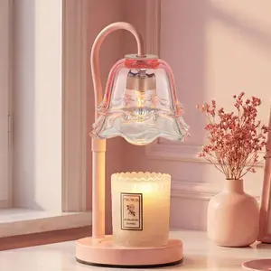 Candle Warmer Lamp with Timer: Pink Flower Candle Warming Lamp with 2 Bulbs Wax Warmer Dimmable Coquette Preppy Room Home Decor Day Gift for