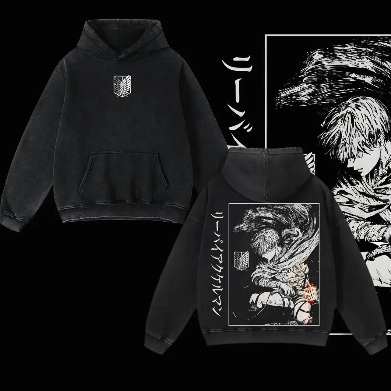 Levi Ackerman Anime Hoodie – Retro Vintage Oversized Washed Heavyweight Cotton Hoodie, Attack on Titan Merch, Levi Ackerman Graphic Tees, Anime Fans JPG VPB