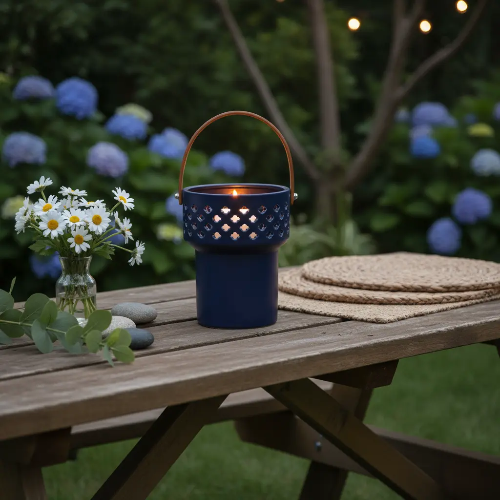 6.5IN LED Clouds Ceramic Lantern with Leather Handle Handcrafted Artisan Decorative Matte Navy