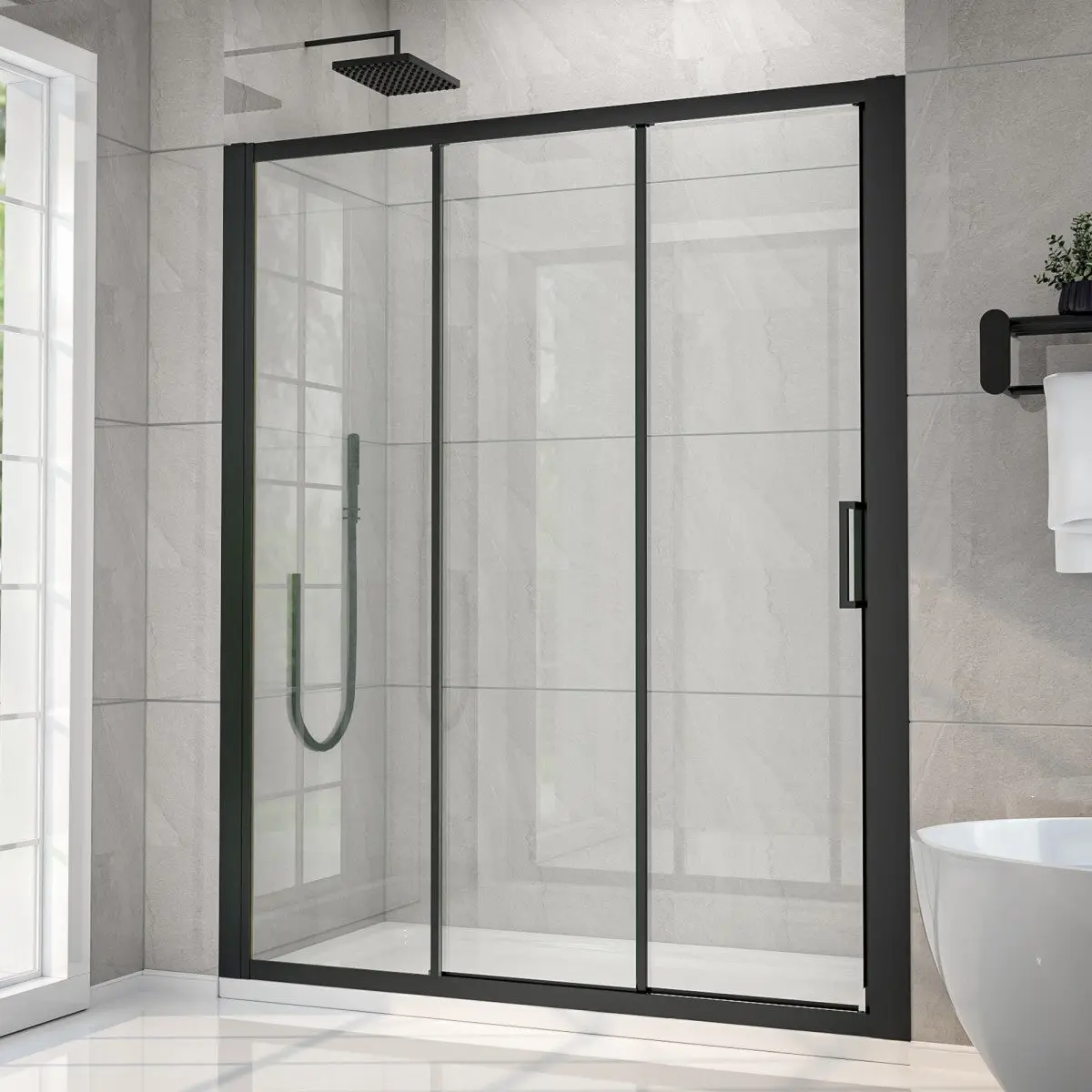 Nexus 56–60 in. W × 70 in. H Framed Tri-Fold Sliding Shower Door, 1/4 in. Clear Tempered Glass,Matte Black Finish