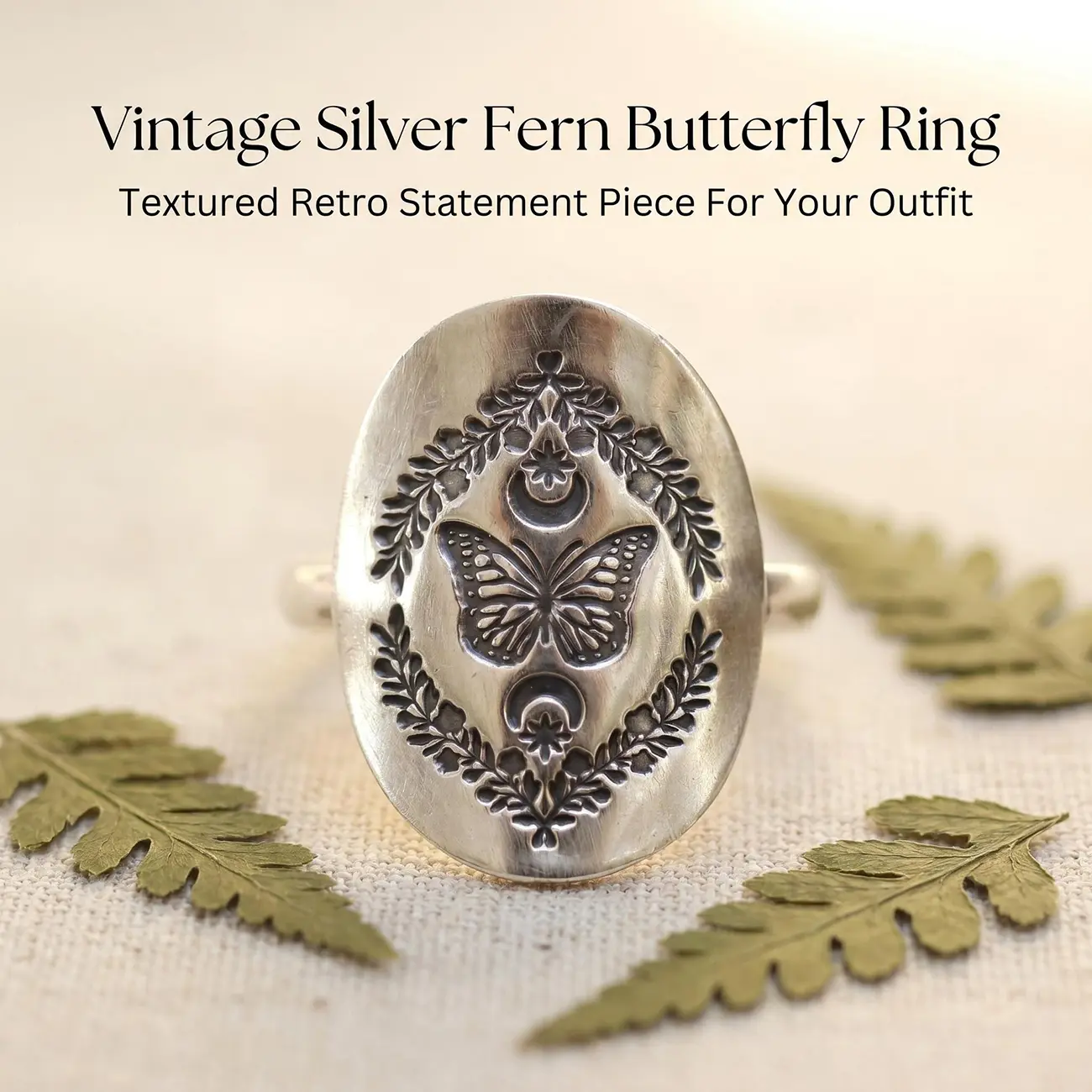 Butterfly and Fern Ring, Butterfly Jewelry, Fern Ring, Bohemian Style Starry Sky and Moon Engraved Shield Ring