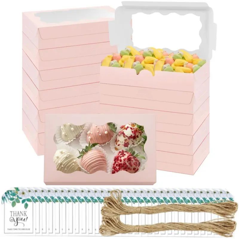 50 Pink Bakery Boxes Set: 50 Windowed Cookie Boxes + 50 Thank You Tags + 2x10m Jute Twine, Perfect for Gifting Cookies, Pastries & Treats, Cupcakes, Treats, Party Favors