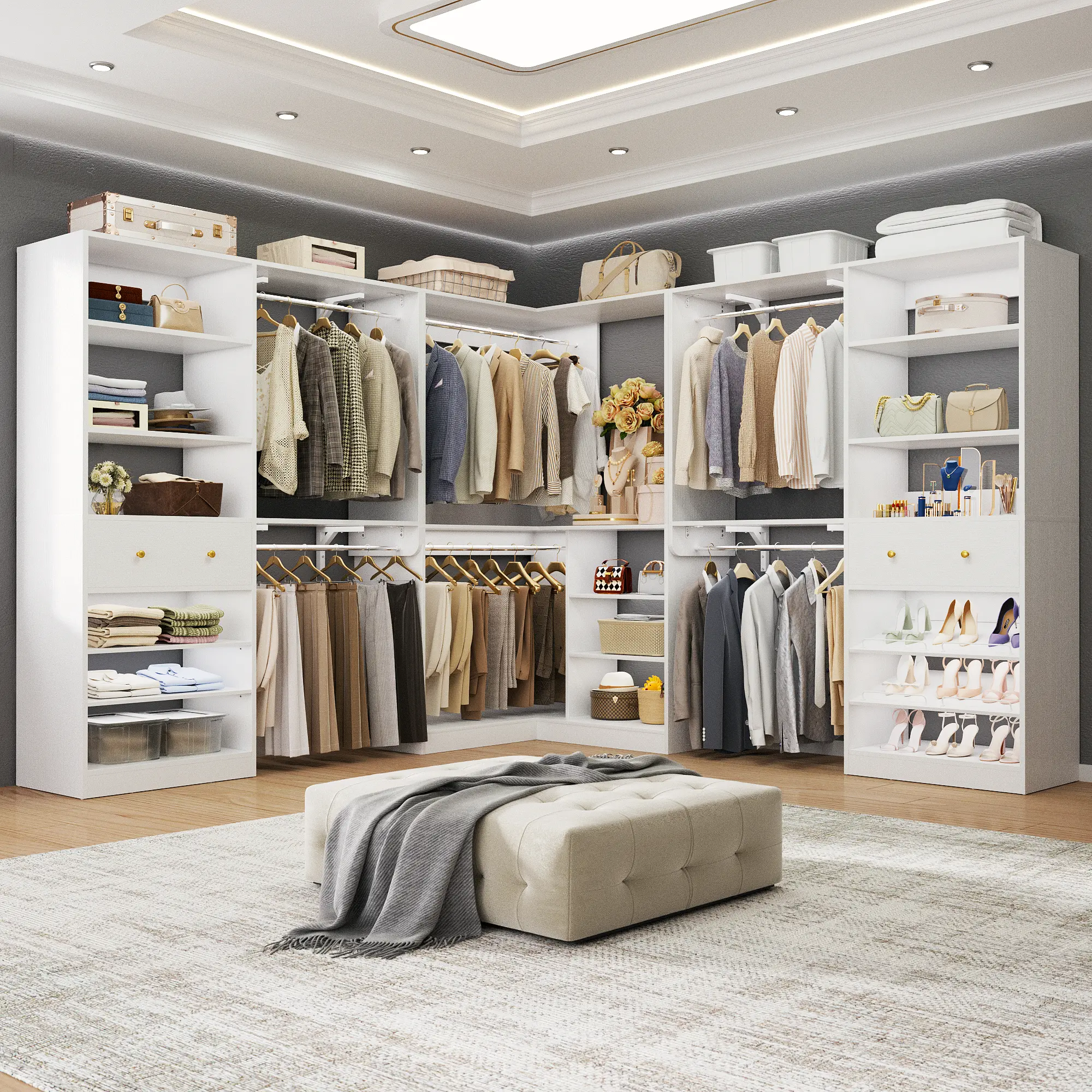 95''-155'' W Closet System with wooden Drawers and Hanging Rods, Reversible Walk-in Closet Organizer Wardrobe Racks with Storage Shelves ＆ Shoe Rack