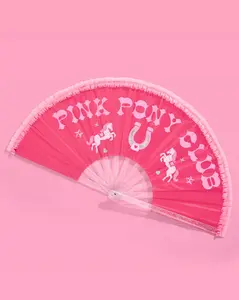 Pink Pony Club Ruffled Folding Hand Fan with Iridescent Details & Clear Handle for Galentine's Night Parties & Concerts 24x14 Inches