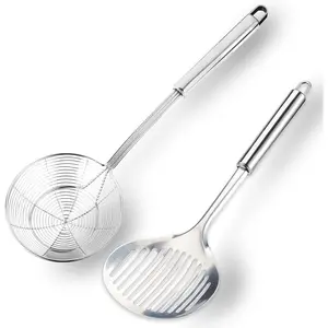 2Pcs Multi Kitchen Utensil Stainless Steel Cooking Skimmer Slotted Fish Turner Spatula Spoon Colander Drain Water Filter Spoon Ladle Spider Strainer Skimmer Ladle for Cooking &Frying (15.5x5.5/12.6x4.8in) Hanging Holes Nonstick Oil