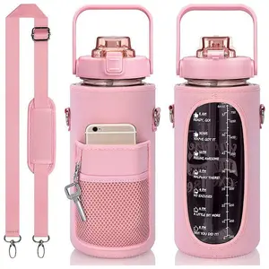 Water Jug for Gym Workout 74 oz Glass Water Bolttles with Straw Large Motivational Water Bottle with Time Marker Sports Water Bottles with Silicone Sleeve and Handle Lid