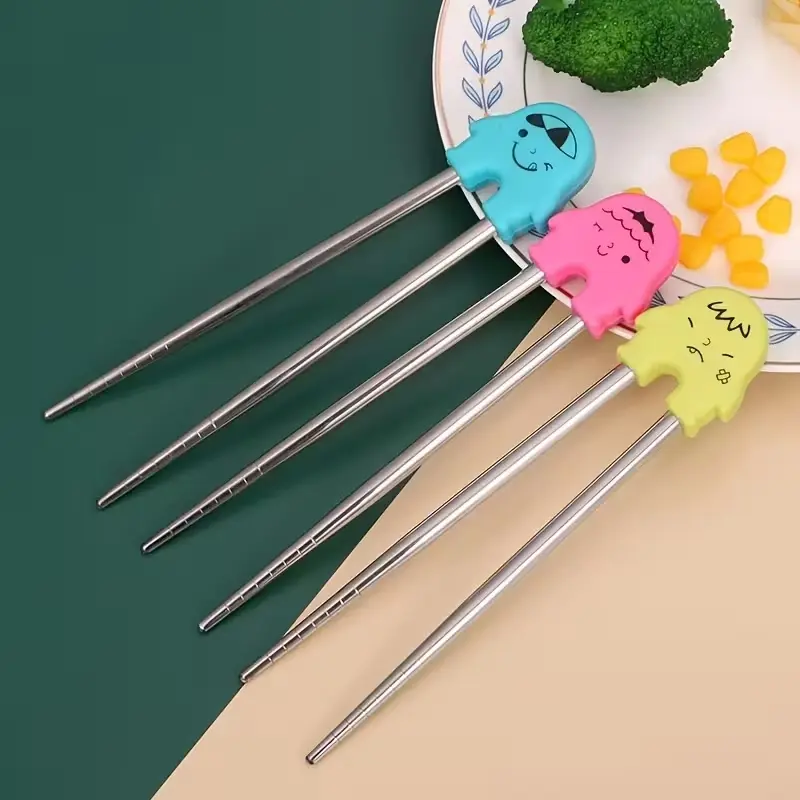 3pcs Cartoon Kids Training Stainless Steel Chopsticks Set, Kitchenware, Utensils, Non-Slip Pasta Sushi Chopsticks, Ideal for Home Kitchen Restaurant, Party Buffet Gift
