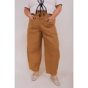PLUS - Downtown Destination Pants - Women's Oversized Denim Bottom Pants, Plus-Size Downtown Destination Style with Zipper, Drawstring, 2 Color Options