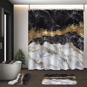 LVRLVR 4pcs Black White Gold Marble Luxury Bathroom Set with Shower Curtain, Bath Rugs and Hooks - 70.8"×70.8" (180×180cm)