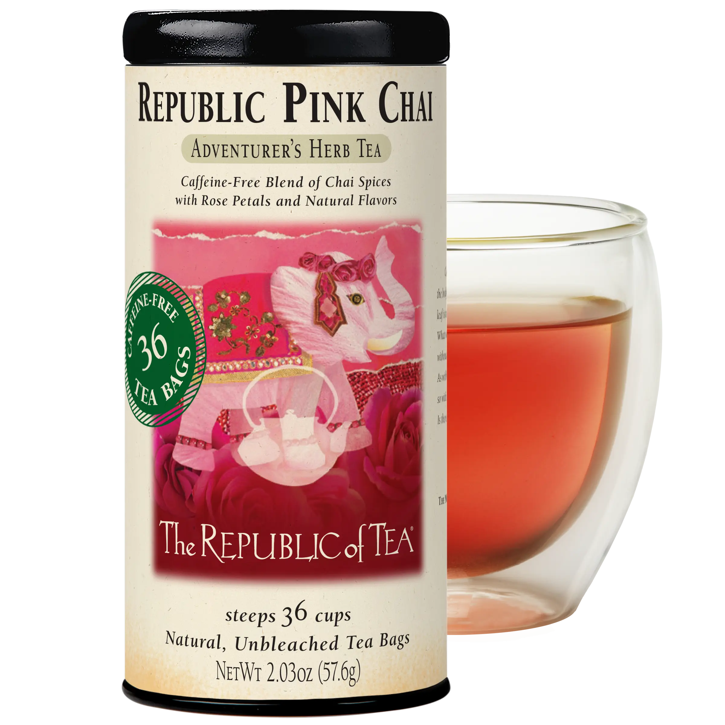 The Republic of Tea — Republic Pink Chai Herbal Tea Tin, 36 Tea Bags, Naturally Caffeine Free