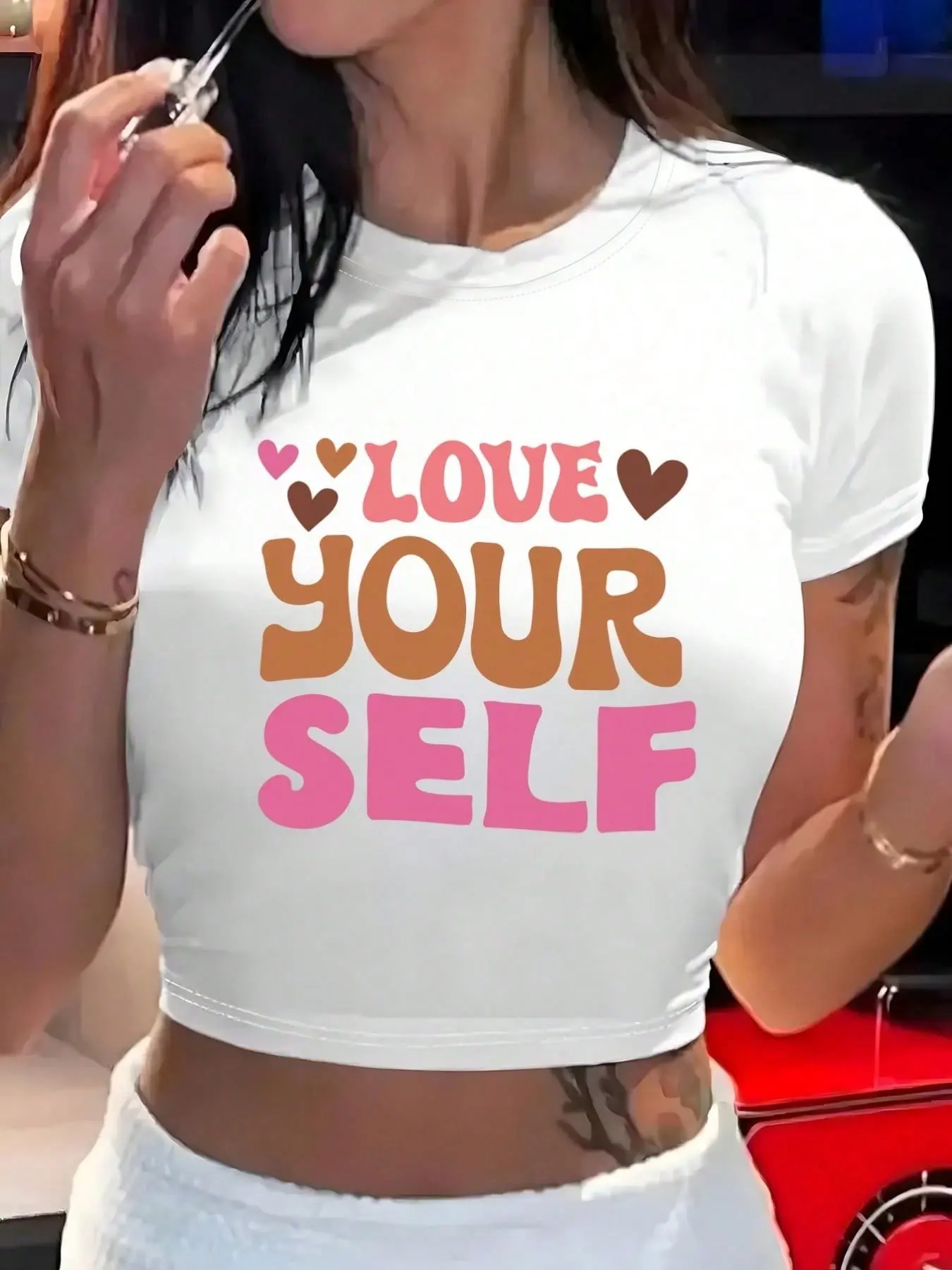 Women's Cropped Navel-Baring T-Shirt, Slim-Fit Round Neck Short Sleeve, Valentine's Day LOVE YOUR SELF Self-Love Declaration Pink Heart Print Top Wome