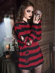 Gothic Striped Ripped Sweater Dress, Long Sleeve, Halloween Party Essential, Web Element Avant-Garde Chic Korean Style, Fall & Winter Fitted Knitwear, Womenswear