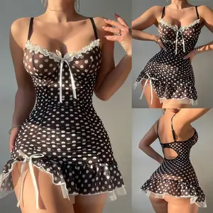 Women Sexy Lingerie Babydoll Polka Dot Slip Dress Sheer Mesh Lace Sleepwear Nightwear