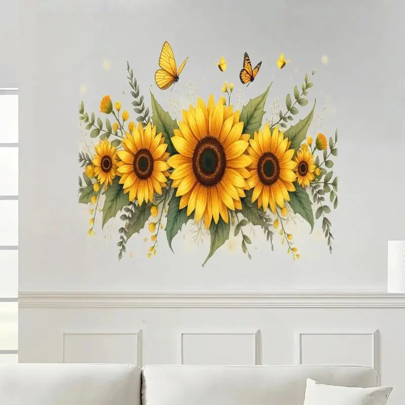 Charming Sunflower and Butterfly Wall Sticker, Ideal for Living Room and Bedroom Decor, Spring Summer Floral Art, Natural Inspiration