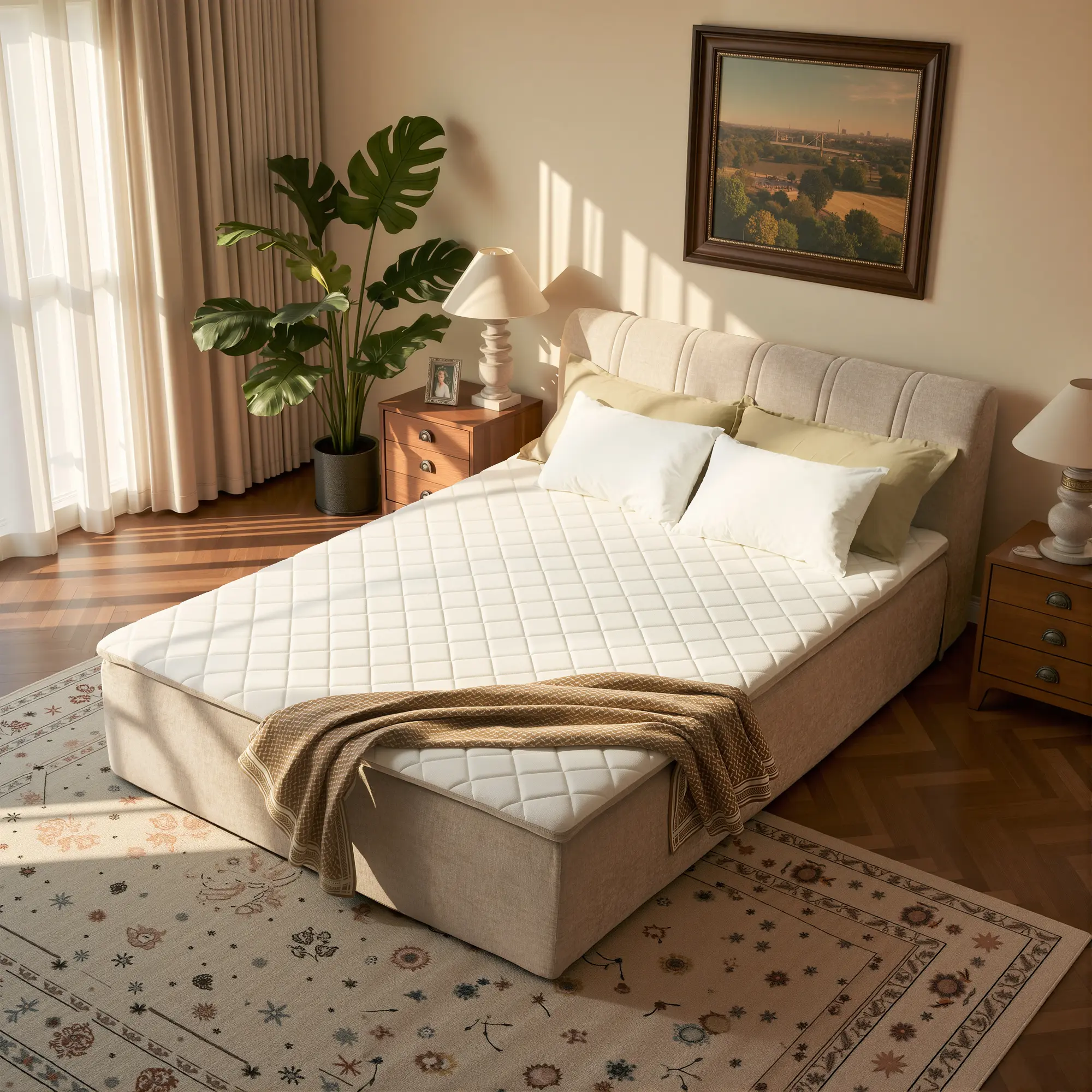 【Summerfinds】Ovios Queen Hybrid Mattress & Bed Frame in One Box with Removable Upholstered Headboard, No Assembly Required, Memory Foam, Individually Pocketed Springs, Medium Firm, Motion Isolation, CertiPUR-US Certified