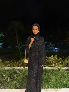 Starlight Abaya Set - Black Rhinestone Printed Chiffon Abaya with Matching Scarf & Button Closure Option