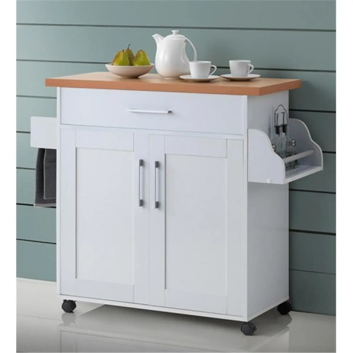 212 MAIN Hodedah HIK78 Freestanding Cupboard Kitchen Island - Compressed Wood Furniture with Wheels, 1 Drawer, Spice Rack, Towel Rack, Traditional Design, Ample Storage Cabinets (for Kitchen Spice & Towel Organization)