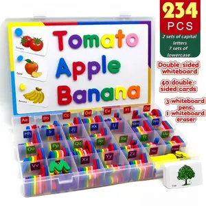The magnetic letter learning set for toddlers includes 234 magnetic letters, a double-sided whiteboard, 3 markers, an eraser, cards and a storage box, as well as learning materials Learning Tool