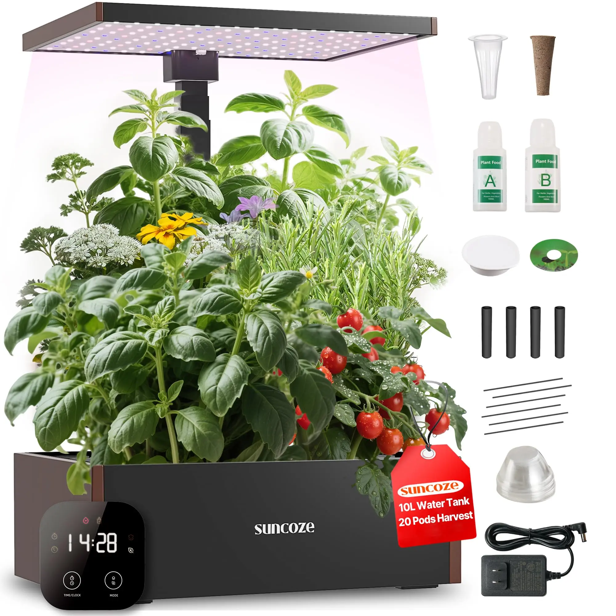 SUNCOZE Modern Hydroponics Growing System Kit - 20 Plastic Pods, 20W/24W/30W LED Light, 4L/10L Large Water Tank, Adjustable Height, Built-in Pump, Durable Growing Tray, 10.23x29.5x16 Inches, Indoor Herb Garden, Gardening Gift, Growing Led