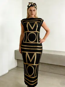 1dress+1headscarf Black & Gold Geometric Print Pleated Bodycon Maxi Dress with Matching Headscarf – Sleeveless Glam Set, Viral Party Outfit, Head-to-Toe Statement Look for Events, Weddings & Club Nights – Must-Have Luxury Fashion Piece