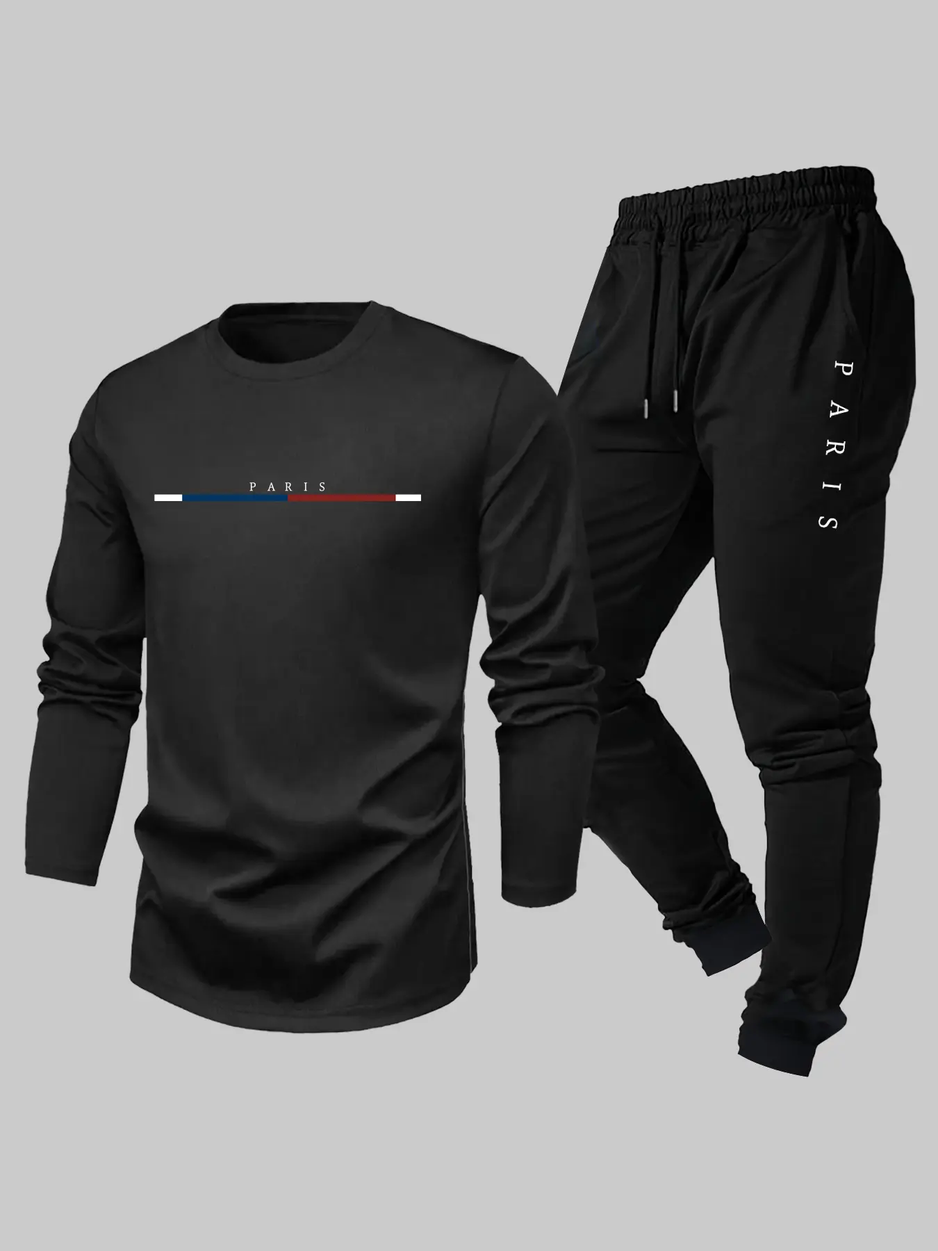 Men's Paris Graphic Tracksuit Set, Athleisure Sweatsuit - Long Sleeve Crewneck T-Shirt & Black Drawstring Jogger Pants, Knit Urban Streetwear for Casual Daily Wear, Gym Sessions & Effortless Athleisure Style, Soft Comfortable Fabric