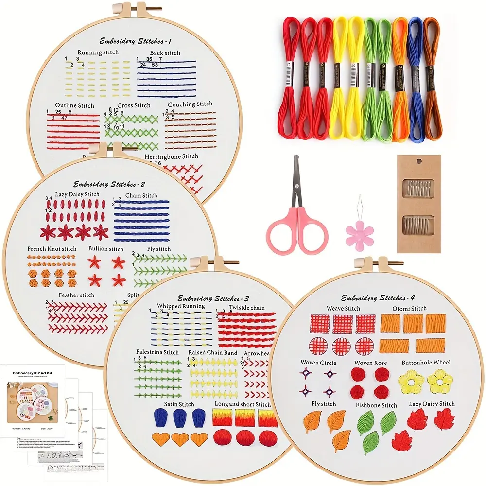4-Piece Beginner Embroidery Kit – Step-by-Step Learning from Easy to Advanced, Includes Ample Colorful Embroidery Threads, Detailed Pattern Guide, Embroidery Hoop, Scissors & Needle Threader