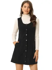 INSPIRE CHIC Corduroy Overall Scoop Neck Sleeveless Button Down Casual Pinafore Dress