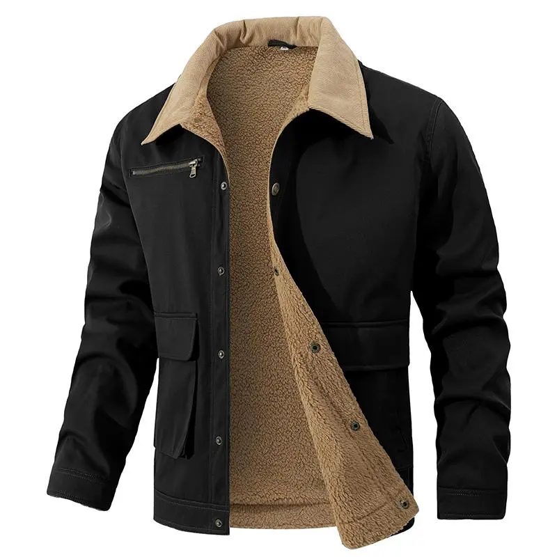 Men's Stylish Sherpa-Lined Trucker Jacket - Menswear Tops, Casual Fit Canvas Work Coat with Corduroy Collar, Pockets, Button Front Winter Thick Outerwear