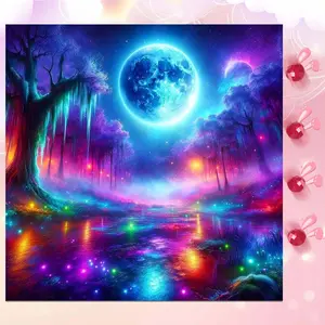 5D DIY Full Drill Round Diamond Painting - Diamond Art Painting Kit Handicraft Dreamy Moonlit Night Mosaic, Canvas - DIY Decoration Painting, Home Wall Decor, Suitable for Halloween and Christmas, Birthday and Anniversary Gifts, Handcraft